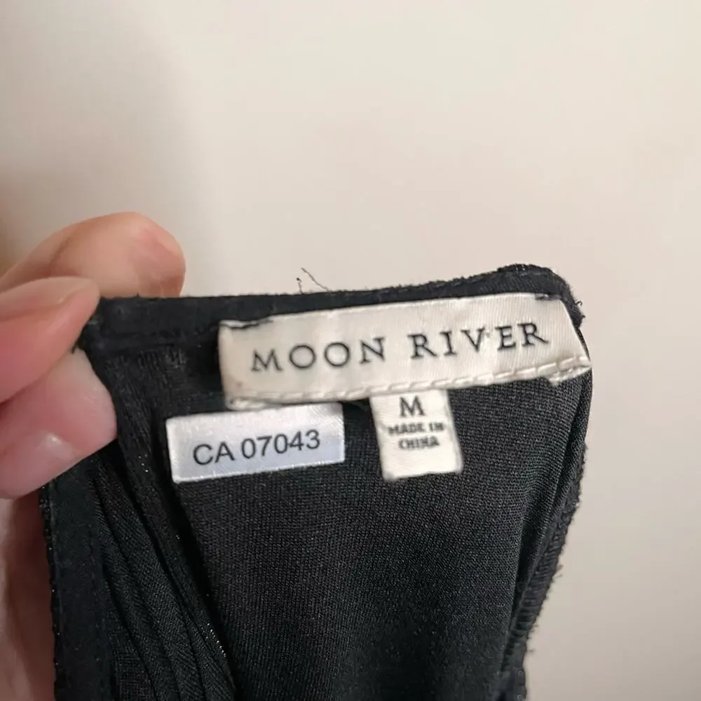 ANTHROPOLOGIE Moon River Crewneck Tiered Maxi Dress Black Shimmer Size Medium - Picture 6 of 7